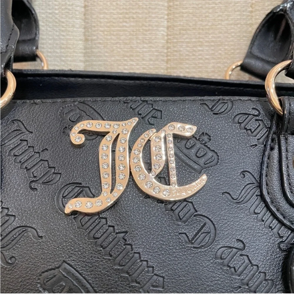NEW Juicy Couture‎ Black Embossed Logo Tote Bag Gold Rhinestone JC Charm